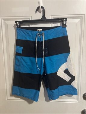 DC Men's Blue, Black & White Striped Board Shorts